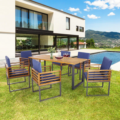 Tangkula 7 Piece Patio Dining Set, Acacia Wood Dining Chair & Table Set, 69” Spacious Tabletop with Umbrella Hole, Heavy-Duty Metal Support, Dining Set for Backyard, Poolside (Navy) - CookCave