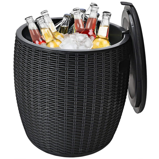 Giantex 9.5 Gallon Ice Cooler, Wicker Round Ice Chest, Outdoor Beer Wine Ice Bucket, Top Lid Side Handles Drainage Plug, Weather-resistant Patio Cool Bar Table for Cocktail Party Poolside Deck (Black) - CookCave