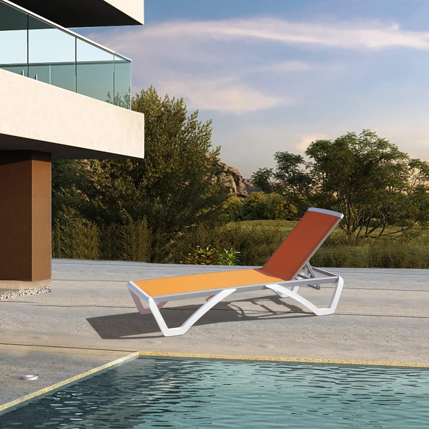 Domi Outdoor Lounge Chairs, Aluminum Lounge Chairs for Outside with 5 Position Adjustable Backrest, Outdoor Chaise Lounge for Beach, Yard, Balcony, Poolside, Orange - CookCave