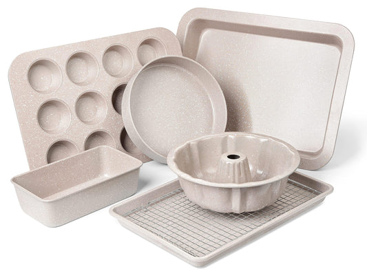 Nonstick Bakeware Set - 7 Piece Oven Bakeware With Cookie Sheet, Cake Pan, Loaf Pan, Muffin Pan, Roaster, Cooling Rack - PTFE & PFOA Free Baking Supplies - CookCave