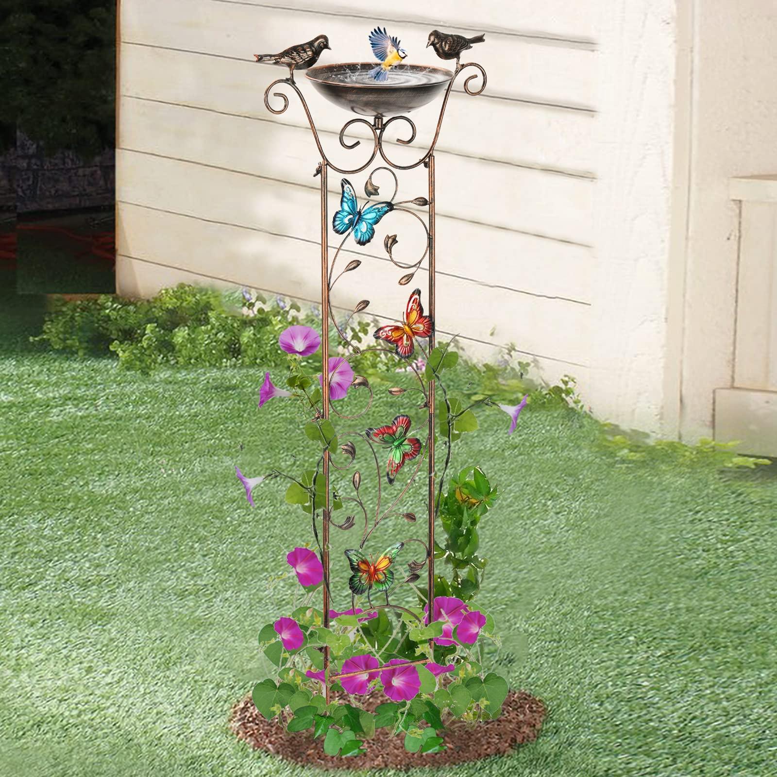 SUNNYPARK Bird Bath with Trellis Outdoor, Antique Garden Iron Trellis with Decorative Butterflies Detachable Bird Bowl Metal Potted Plants Support for Climbing Flowers - CookCave