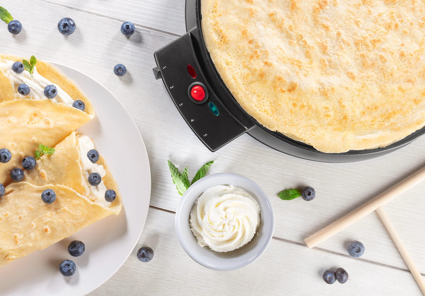 12" Griddle & Crepe Maker, Non-Stick Electric Crepe Pan w Batter Spreader & Recipe Guide- Dual Use for Blintzes Eggs Pancakes, Portable, Adjustable Temperature Settings - Holiday Breakfast or Dessert - CookCave