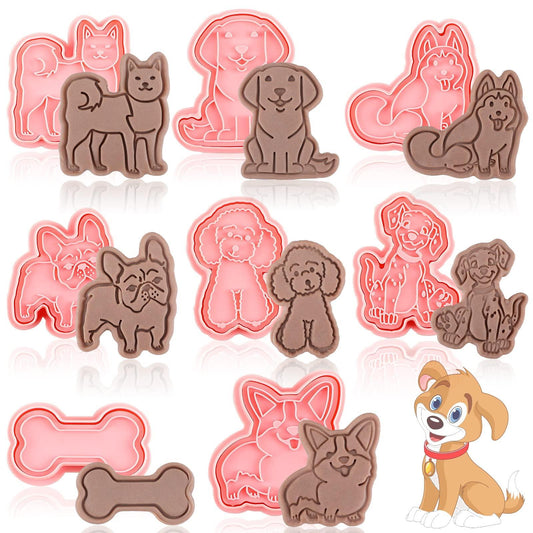 8 Pcs Dog Cookie Cutters with Plunger Stamps Set 3D Puppy Bone Shape Biscuit Cutter Funny Cartoon Cookie Stamps Stamped Embossed Dog Cookie Cutters for Treats DIY Cookie Cake Baking Supplies - CookCave