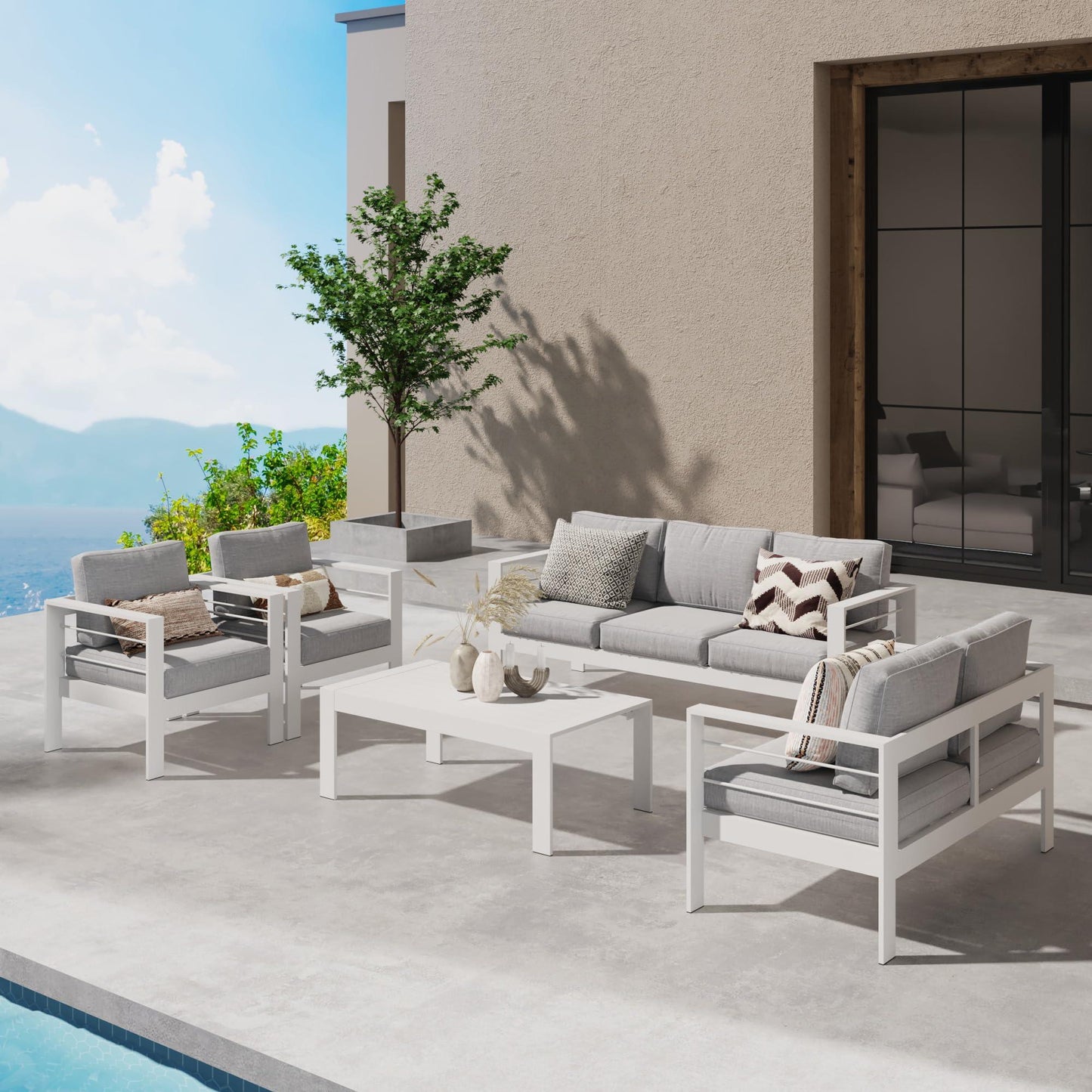 Wisteria Lane Aluminum Outdoor Patio Furniture Set, Modern Patio Conversation Sets, Outdoor Sectional Metal Sofa with 5 Inch Cushion and Coffee Table for Balcony, Garden, Light Grey - CookCave