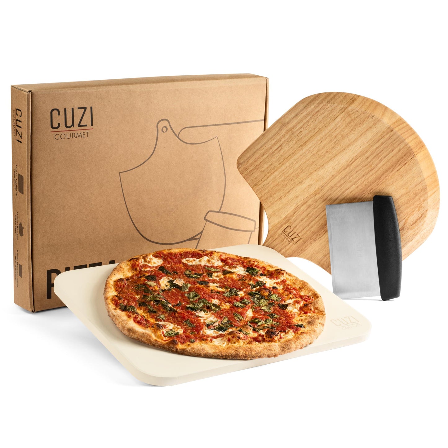 Cuzi Gourmet 3-Piece Pizza Stone Set - 15x12" Thermal Shock Resistant Cordierite Pizza Stone, 15x12" Natural Wood Pizza Peel & Pizza Cutter - Pizza Stone for Grill and Oven - CookCave