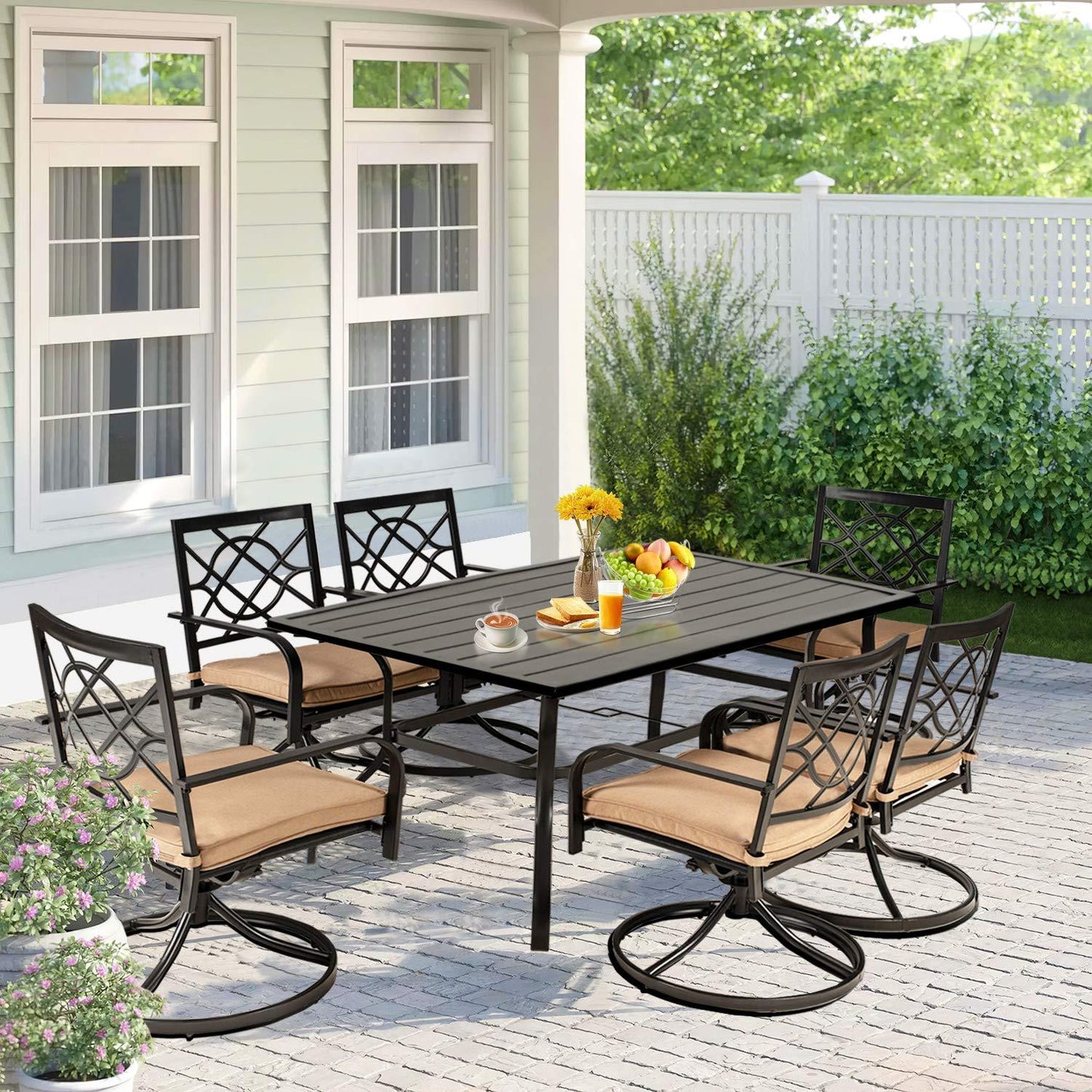 Patiomore 7 Piece Patio Dining Set Outdoor Furniture Set, Rectangular Metal Slatted Dining Table with Umbrella Hole & 6 Swivel Dining Chairs for Garden Lawn Yard - CookCave