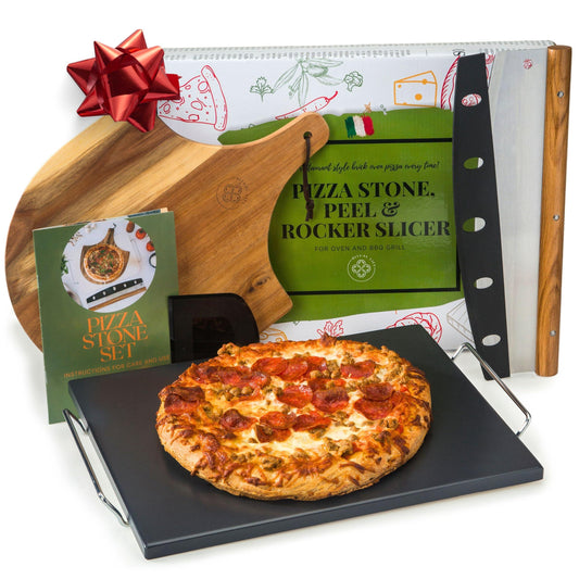 Advanced Pizza Stone for Oven and Grill - Easy Clean Ceramic Coated Non Stick Stone, Wooden Pizza Peel Paddle & Pizza Cutter Set - Detachable Serving Handle - BBQ Grilling Accessories - 15" Large - CookCave