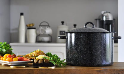 Mirro 12Qt Traditional Vintage Style Black Speckled Enamel on Steel Stock Pot with Lid, (MIR-10705) - CookCave