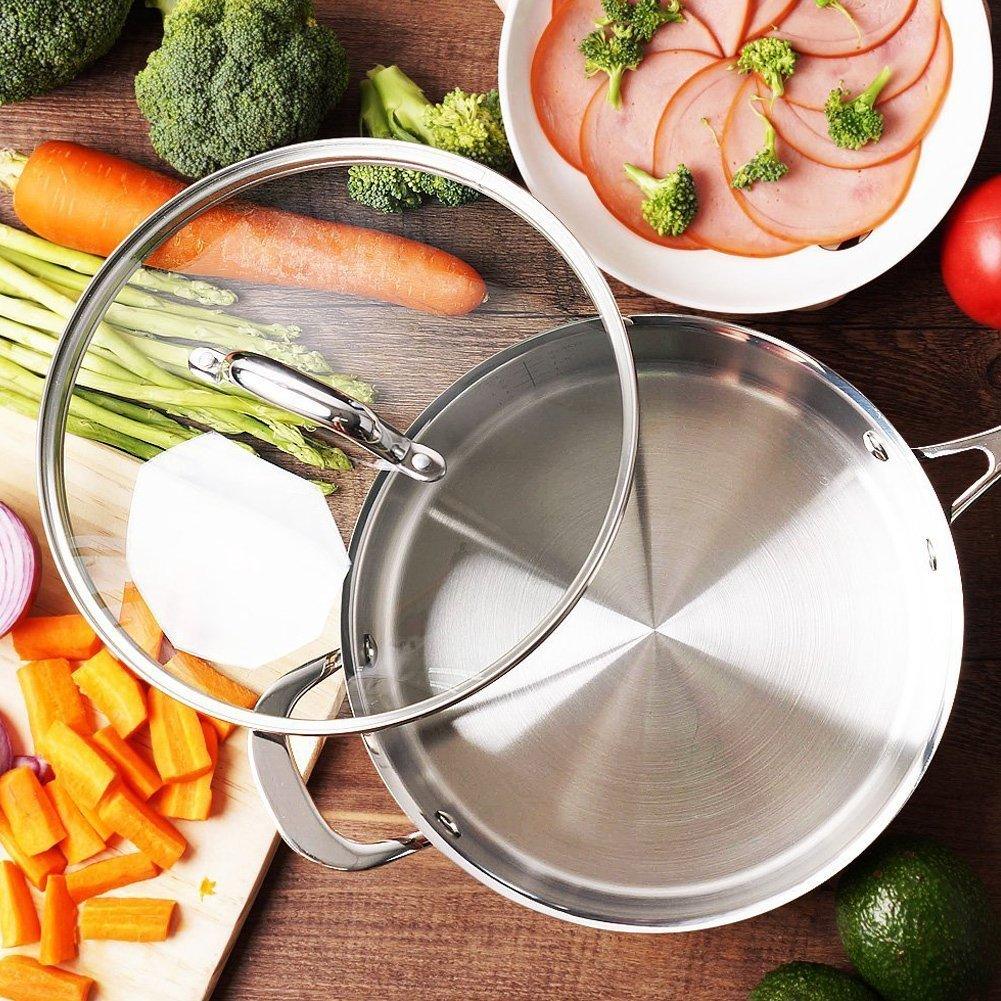 HOMICHEF 9.5 Inch Nickel Free Stainless Steel Saute Pan With Lid Induction Oven Safe - Premium Mirror Polished Copper Band Stainless Steel Pan With Glass Lid - 2.5 Quart Non Toxic Cookware Pans - CookCave