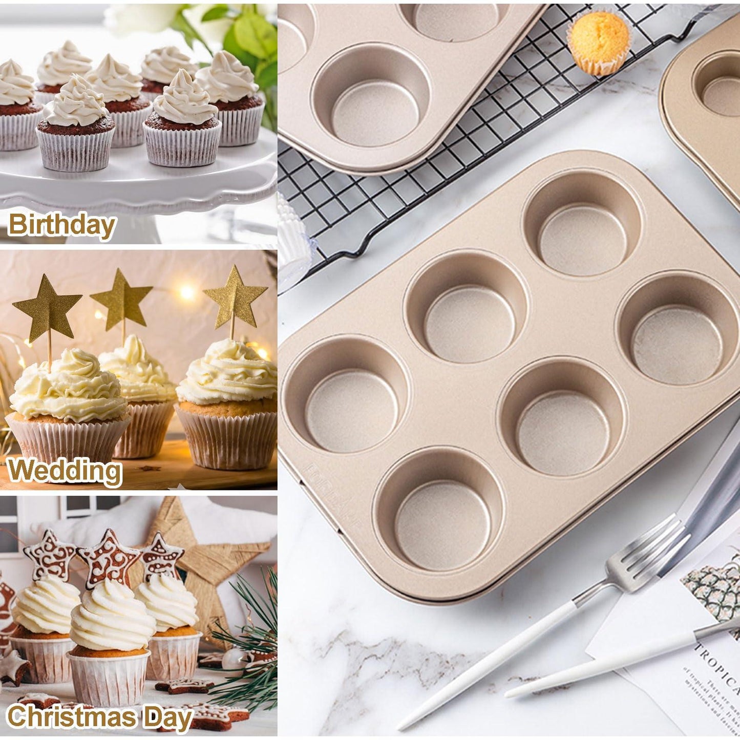 Oungy 3 PACK Non-Stick Round 6-Cup Standard Muffin Baking Pan Set Carbon Steel Cupcake Pan Muffin Tin Perfect for Making Muffins or Cupcakes, 10.6 x 7.3 x 1.2 inch - CookCave