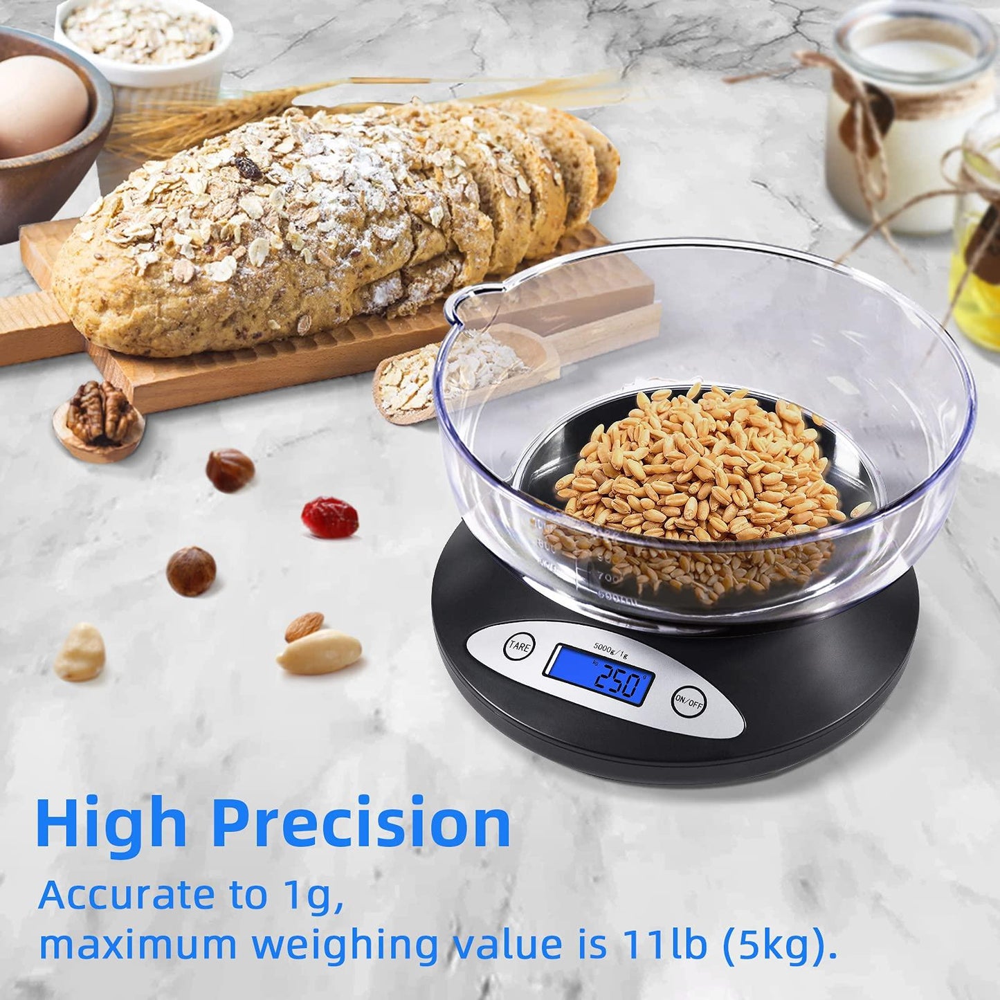 THINKSCALE Digital Kitchen Scale, Highly Accurate 5000g/11lb x 0.1oz, Food Scale for Cooking, Baking and Weight Loss, Kitchen Scale with Bowl 2 Modes and Tare Features, Back-lit LCD Display - CookCave