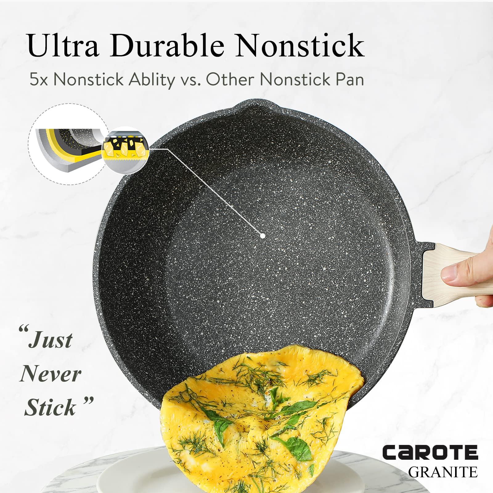 CAROTE 12Inch Nonstick Deep Frying Pan with Lid, 5.5 Qt Jumbo Cooker Saute Pan with Pour Spout, Skillet Induction Cookware, Non Stick Cooking Pan PFOA Free, Classic Granite - CookCave