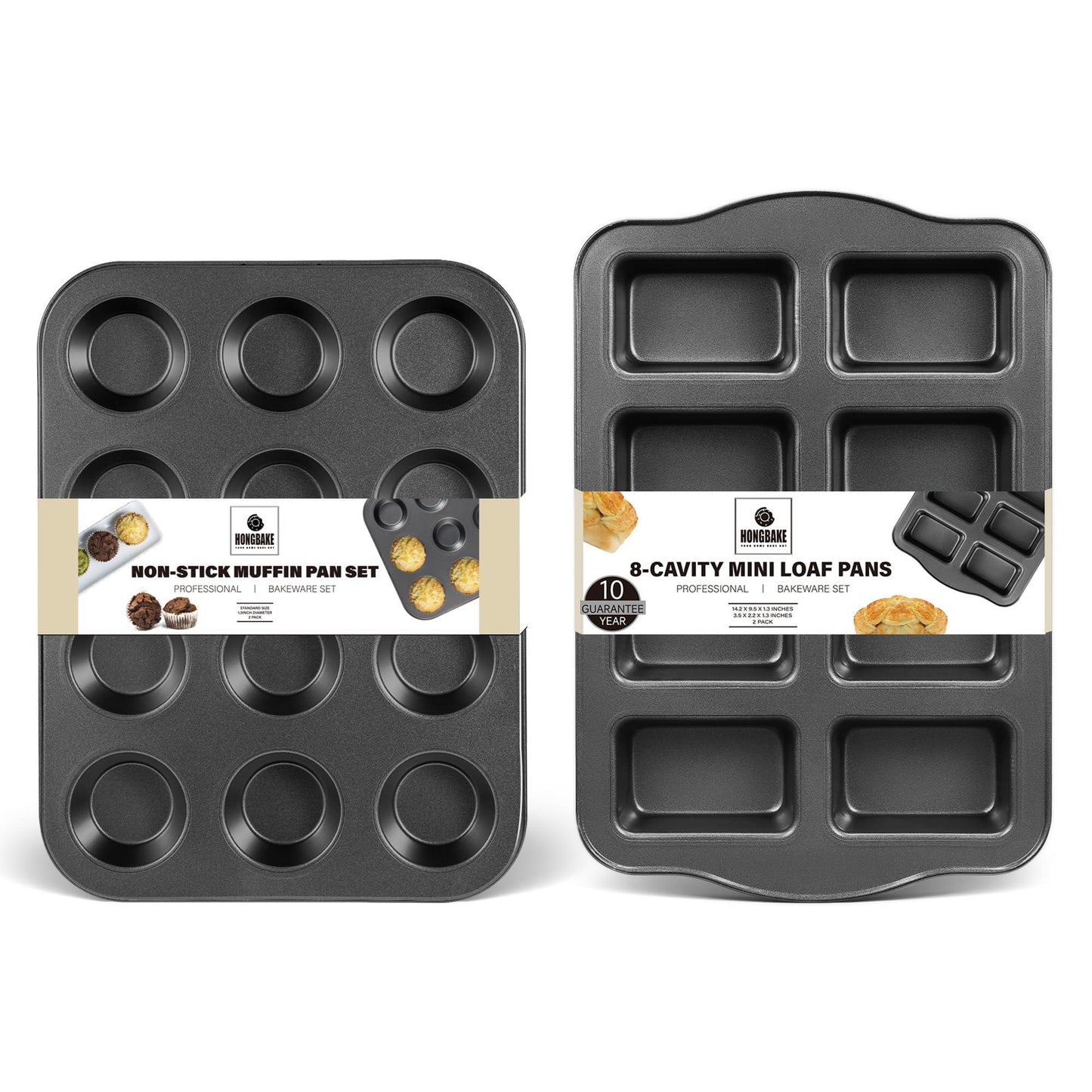 HONGBAKE Nonstick Muffin Pan 12 Cup and Mini Loaf Pans 8 Cavity, Cupcake Tin for Baking and Small Banana Bread Tray - Grey - CookCave