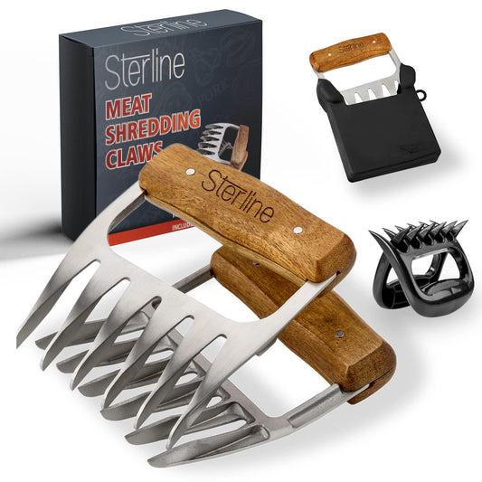 Sterline Meat Shredder Claws Set - 5 Pieces - T304 Stainless Steel Fork with Silicone Protector, Wooden Handle for Easy Lifting, Shredding Pulled Pork, Chicken, Brisket - BBQ Grilling Accessory Gift - CookCave