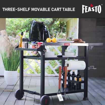 Feasto 3-Shelf Movable Outdoor Prep Table, Pizza Oven Table, BBQ Grilling Table,Grill Cart with Side Table, Home & Outdoor Stainless Steel Table Top Grill Table on 2 Wheels, L50 xW21.7 xH33 - CookCave