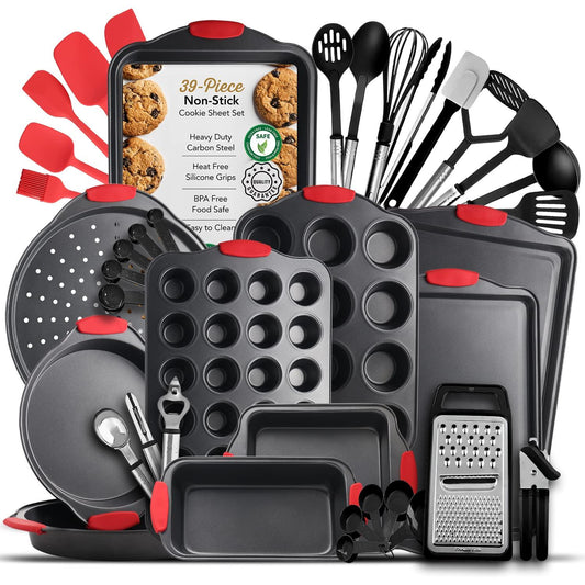 Baking Pan Set, 39 Piece Premium Baking Set, Nonstick Bakeware Sets BPA Free, Cookie Sheets for Baking Nonstick Set, Steel Baking Sheets for Oven with Muffin Pan, Cake Pan & Kitchen Utensils - Black - CookCave