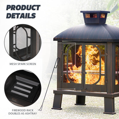 PAPABABE 45" Fire Pit Pagoda, Wood Burning Chimney Firepit with Grill Grate Outside for Garden Backyard BBQ Bonfire - CookCave