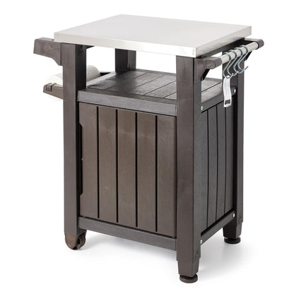 Keter Unity 35.4 Inches x 29.6 Inches x 22.7 Inches Stainless Steel and Resin Outdoor Kitchen Cart with Storage Cabinet and Hooks, Espresso Brown - CookCave