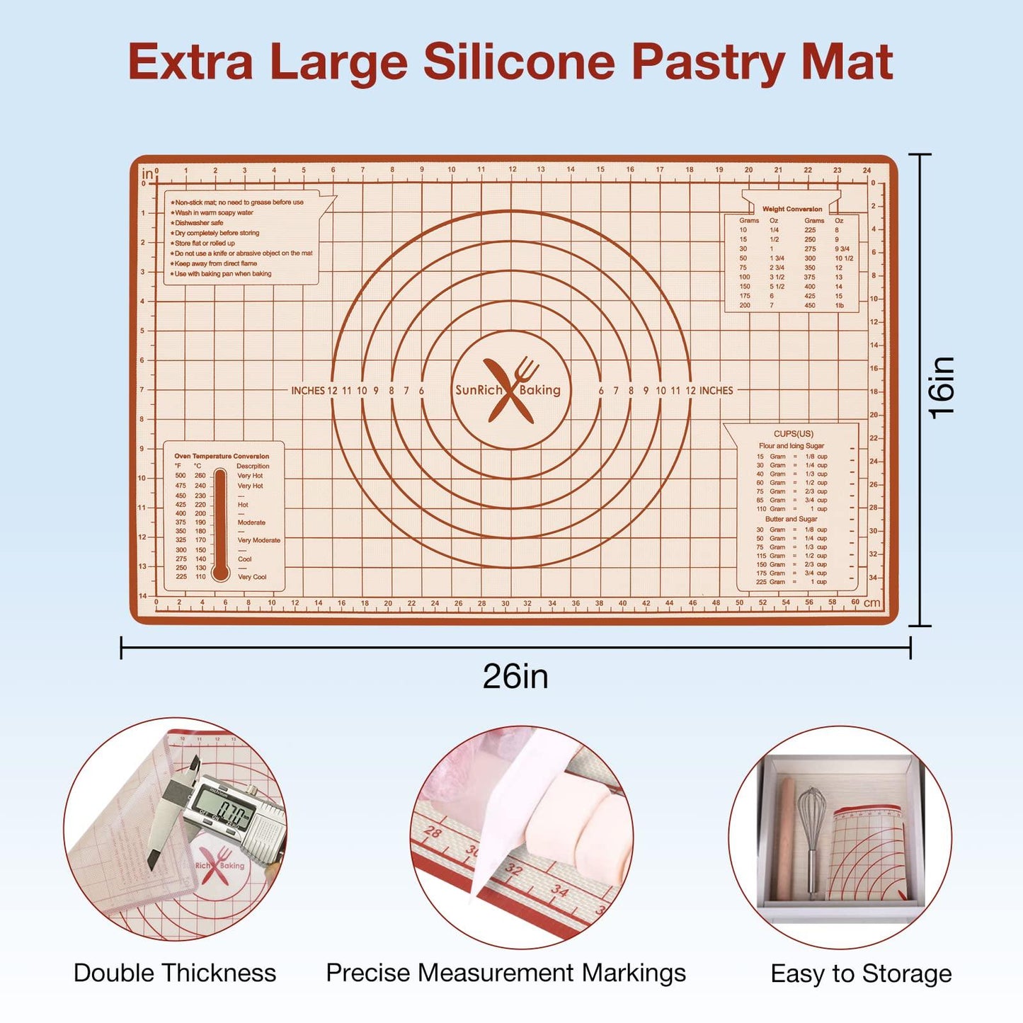 Silicone Baking Mat, Non Stick Pastry Mat with Measurement,26" x 16" Extra Thick Large Rolling Dough Mat Sheet, Counter Mat,Food Grade Pizza, Fondant, Macarons,Cookies Mat, Baking Supplies for kitchen - CookCave