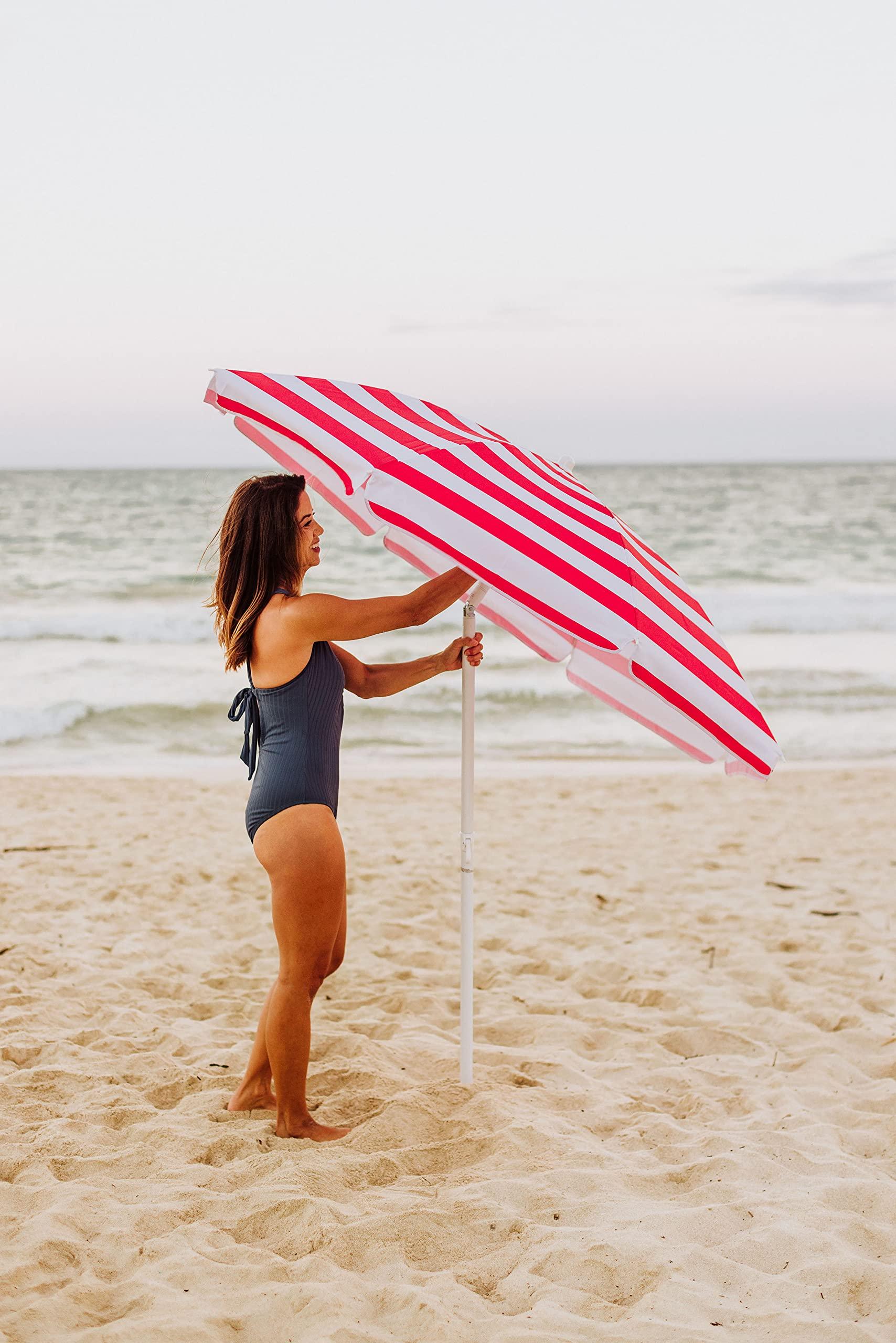 PICNIC TIME Outdoor Canopy Sunshade Beach Umbrella 5.5', Small Patio Umbrella, Beach Chair Umbrella, (Red & White Cabana Stripe) - CookCave