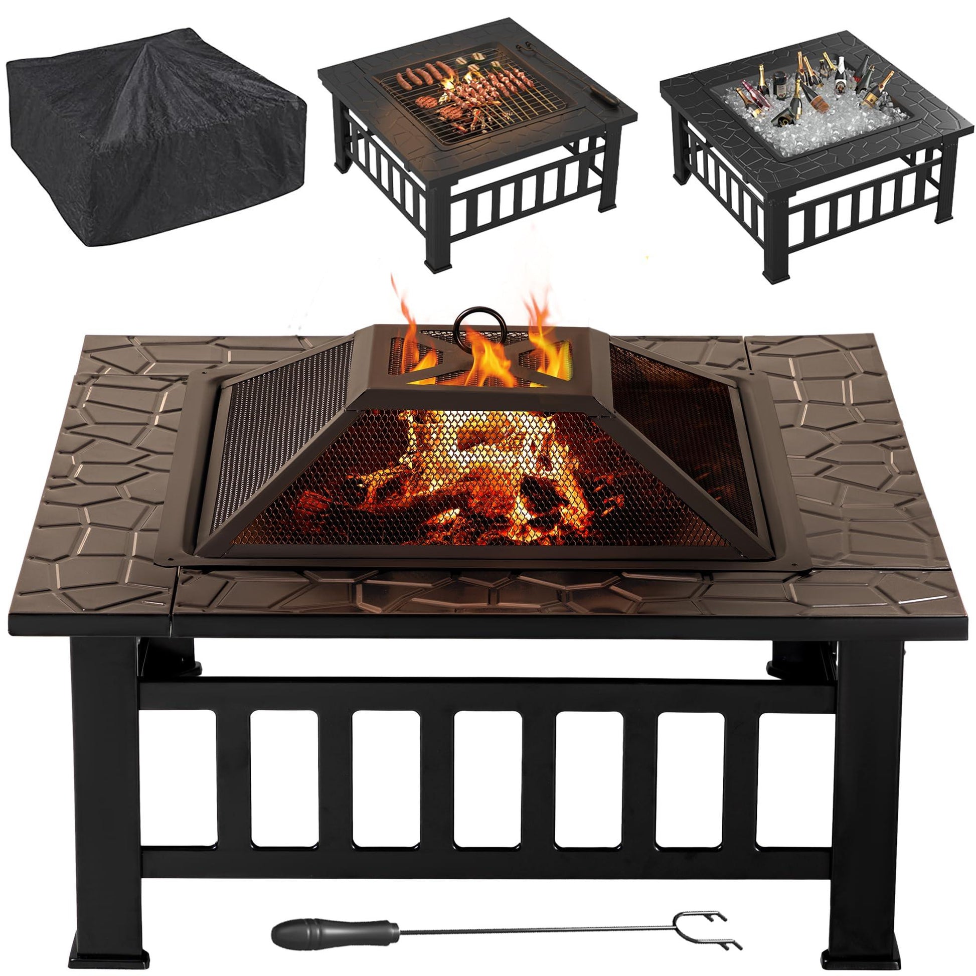 Flamaker Outdoor Fire Pit 32 Inch Patio Square Metal Firepit with Cover Poker & Grate Wood Burning Fireplace Backyard Stove for Outside Heating Camping - CookCave