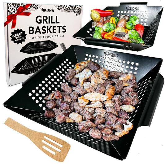 Kona Grill Grilling Basket Set - Premium Accessories for Outdoor Grill - Perfect for Veggies and More! Enhance Your BBQ Experience with this Heavy-Duty Grill Basket - Includes Bonus Gift: Wooden - CookCave