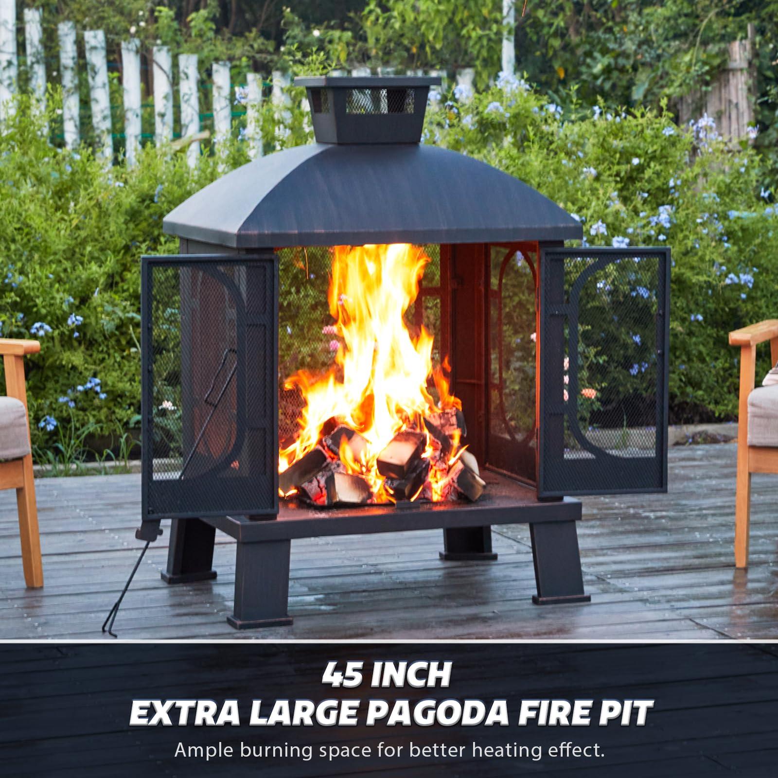 PAPABABE 45" Fire Pit Pagoda, Wood Burning Chimney Firepit with Grill Grate Outside for Garden Backyard BBQ Bonfire - CookCave