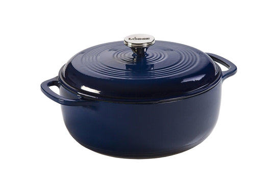 Lodge 6 Quart Enameled Cast Iron Dutch Oven with Lid – Dual Handles – Oven Safe up to 500° F or on Stovetop - Use to Marinate, Cook, Bake, Refrigerate and Serve – Indigo - CookCave