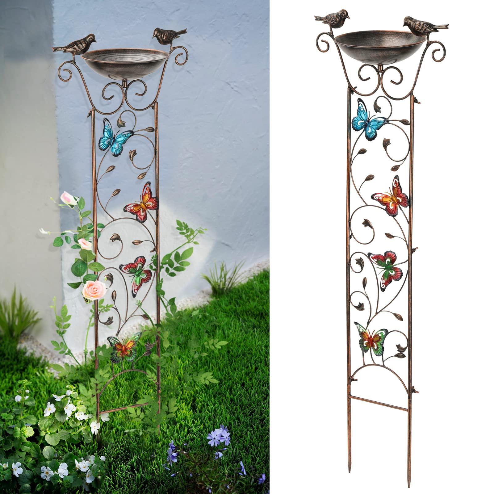 SUNNYPARK Bird Bath with Trellis Outdoor, Antique Garden Iron Trellis with Decorative Butterflies Detachable Bird Bowl Metal Potted Plants Support for Climbing Flowers - CookCave