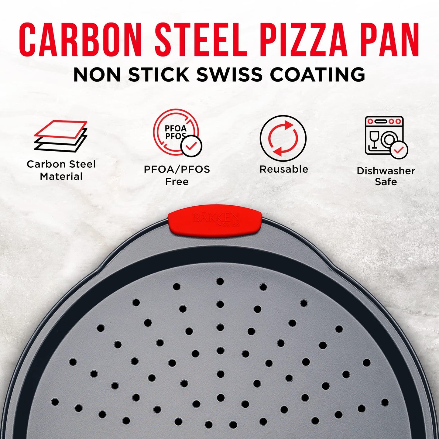 Pizza Tray – 2 Round with Silicone Handles – Carbon Steel Pizza Pan with Holes and Non-Stick Coating – PFOA PFOS and PTFE Free by Bakken - CookCave