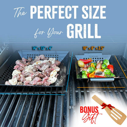 Kona Grill Grilling Basket Set - Premium Accessories for Outdoor Grill - Perfect for Veggies and More! Enhance Your BBQ Experience with this Heavy-Duty Grill Basket - Includes Bonus Gift: Wooden - CookCave