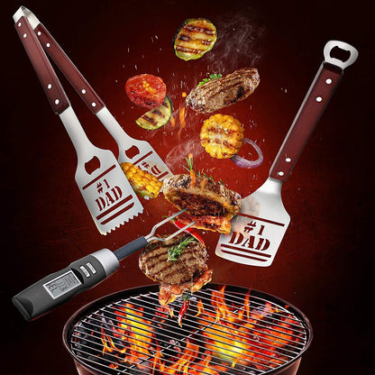 Panoware BBQ Grill Tools Set Gift for Dad, 4 Piece Set, Number 1 Dad Tongs, Spatula, Digital Thermometer and Case - CookCave