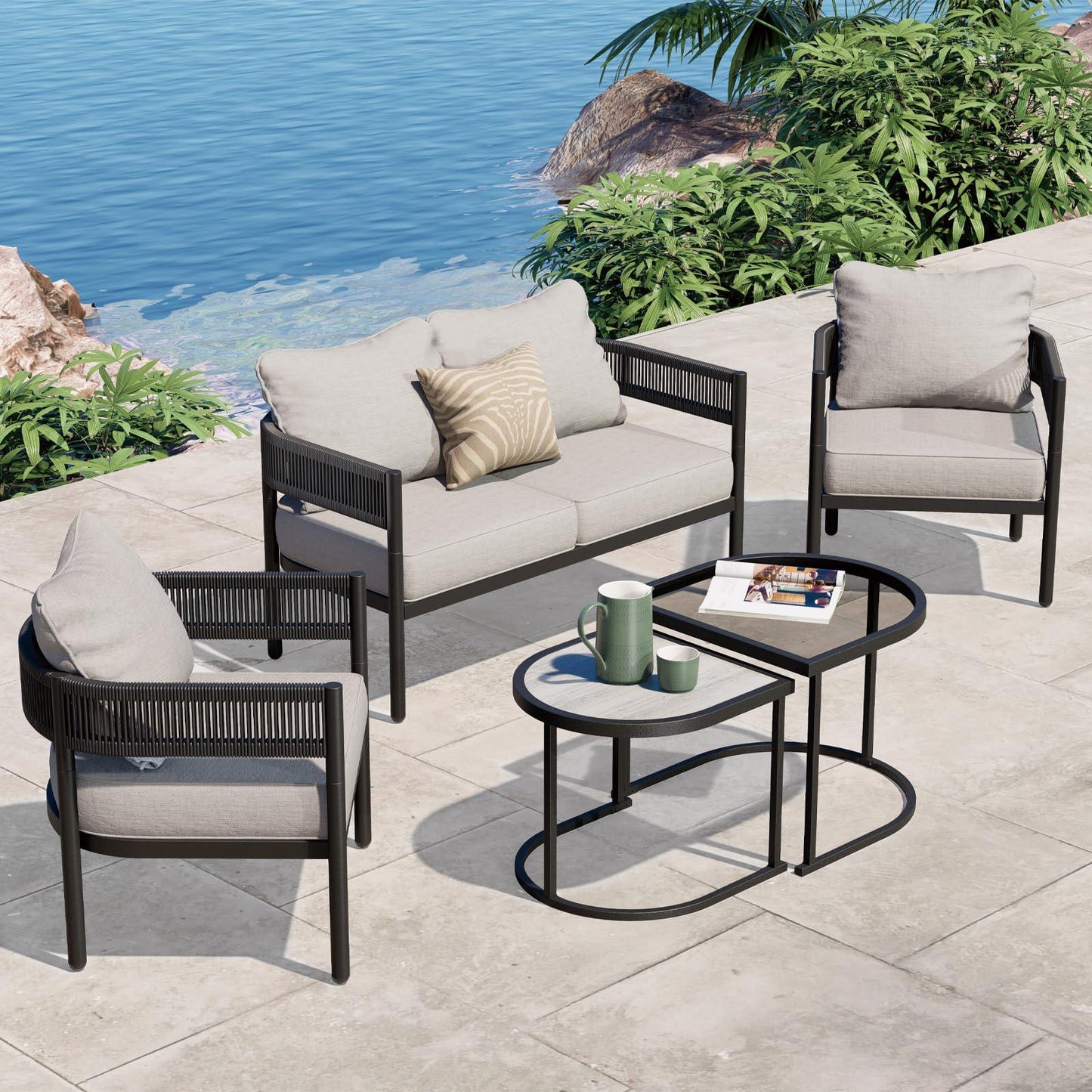 Grand patio 5-Piece Outdoor Conversation Set, Woven Wicker, Steel Frame, with Olefin Cushions and Nested Table, Patio Furniture for Backyard, Beige - CookCave