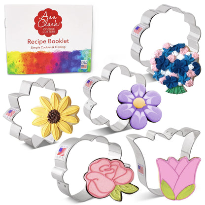 Summer Flowers Cookie Cutters 5-Pc. Set Made in the USA by Ann Clark, Flower, Rose, Sunflower, Tulip, Flower Bouquet - CookCave