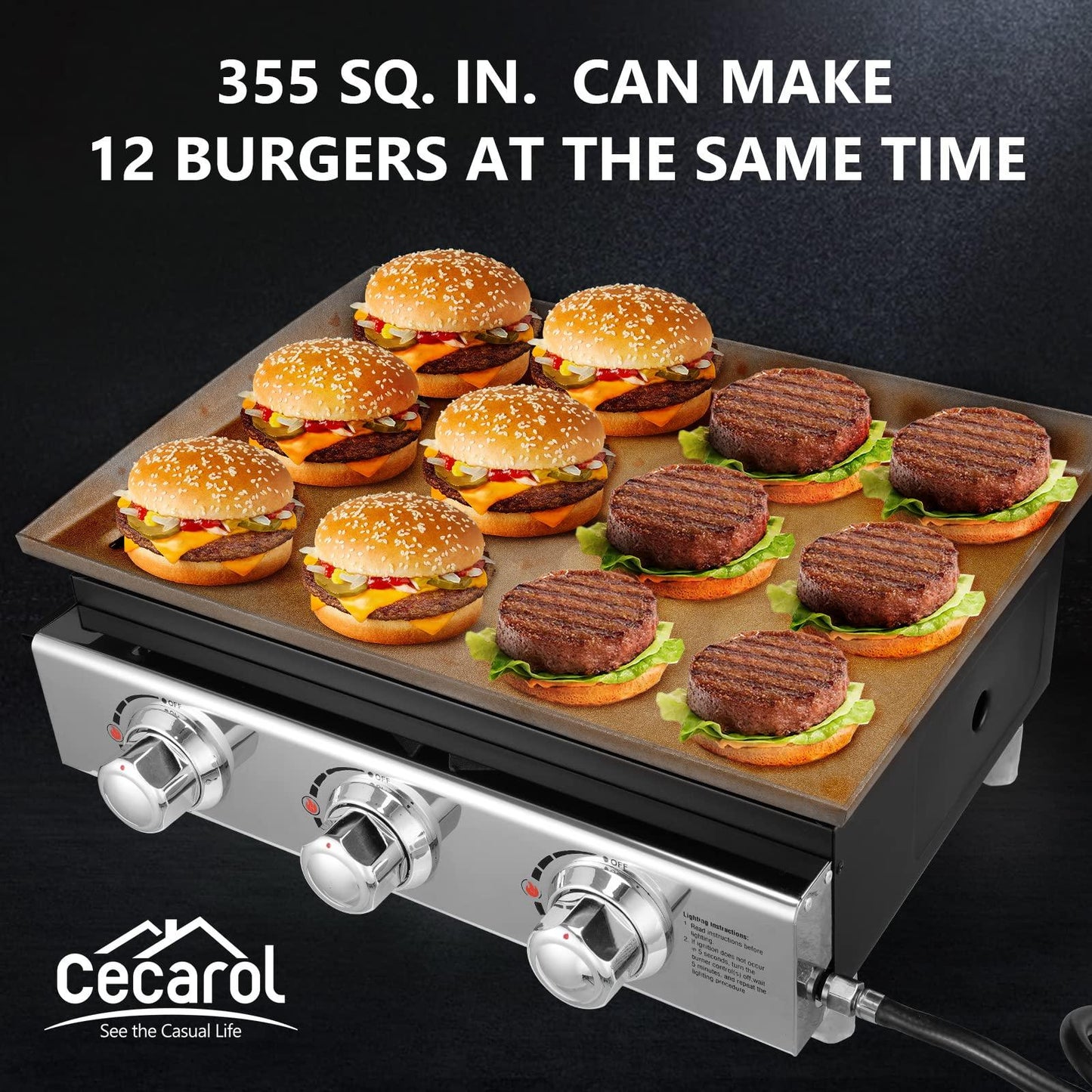 Cecarol Portable Griddle Propane Gas Grill, 23in Tabletop Gas Plancha with 3 Burners,Flat top griddle for Outdoor, Garden, Tailgating, RV - 355 sq. in. Heavy Duty & 25, 500 BTUs Griddle for BBQ Grill - CookCave