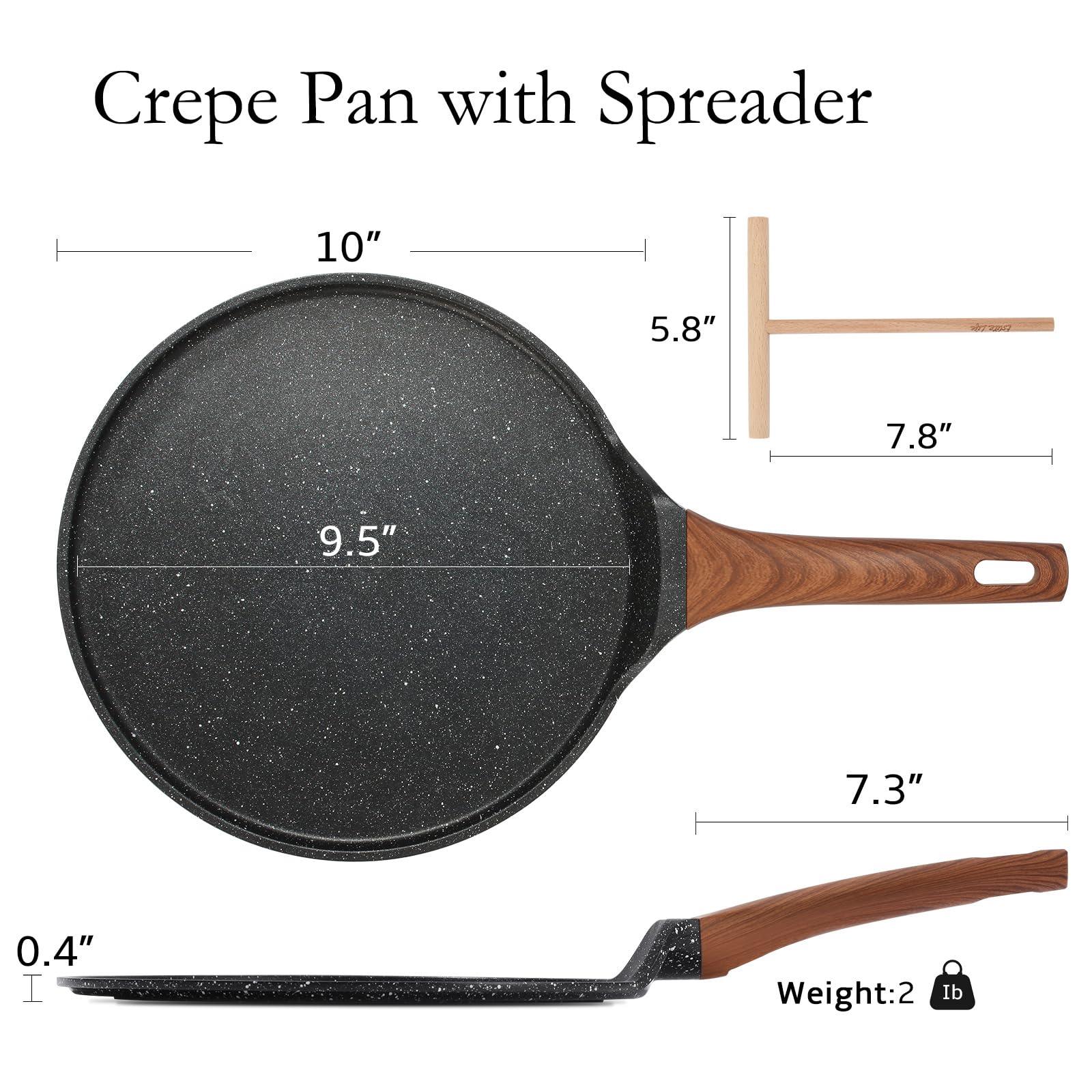 ESLITE LIFE Nonstick Crepe Pan with Spreader, 9.5 Inch Granite Coating Flat Skillet Tawa Dosa Tortilla Pan, Compatible with All Stovetops (Gas, Electric & Induction), PFOA Free, Black - CookCave