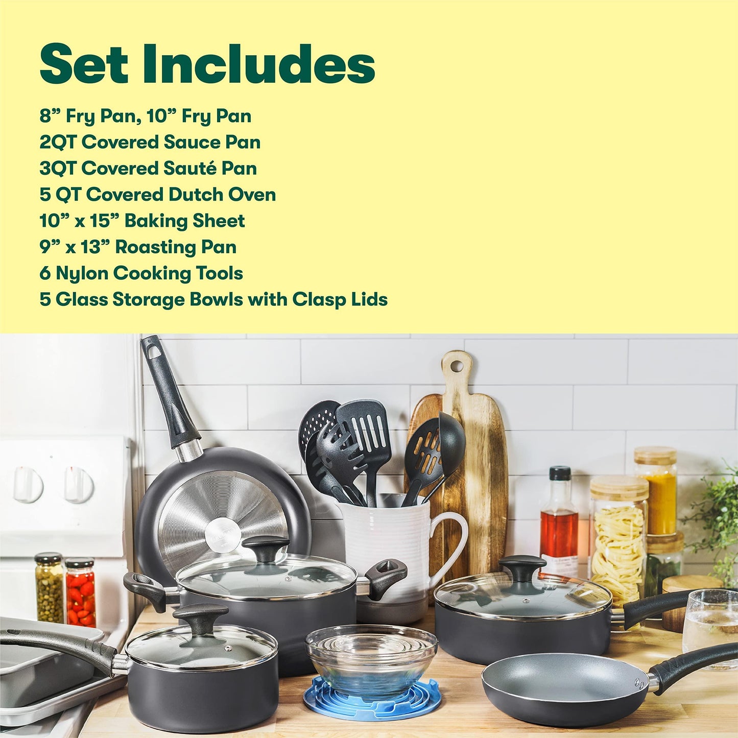 BELLA Nonstick Cookware Set with Glass Lids - Aluminum Bakeware, Pots and Pans, Storage Bowls & Utensils, Compatible with All Stovetops, 21 Piece, Black - CookCave