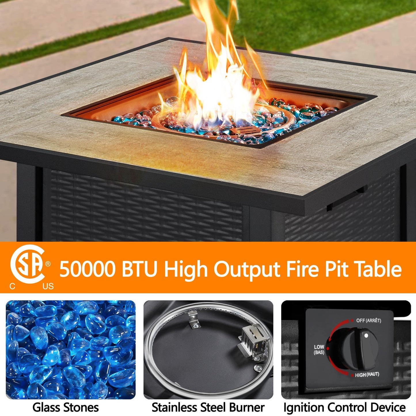 Yaheetech 30" Propane Gas Fire Pit Table 50,000 BTU Square Gas Fire Table with Ceramic Tabletop and Blue Fire Glass for Outdoor /Patio with Rattan Pattern Steel Base/Lid, Black - CookCave