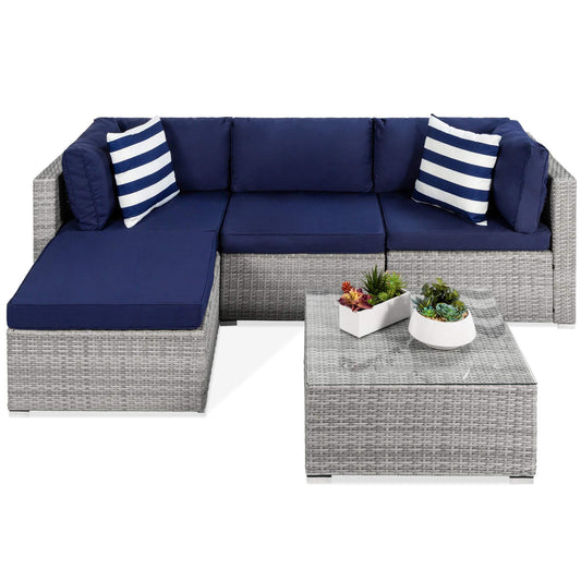 Best Choice Products 5-Piece Modular Conversation Set, Outdoor Sectional Wicker Furniture for Patio, Backyard, Garden w/ 3 Chairs, Ottoman Chair, 2 Pillows, 6 Seat Clips, Coffee Table - Gray/Navy - CookCave