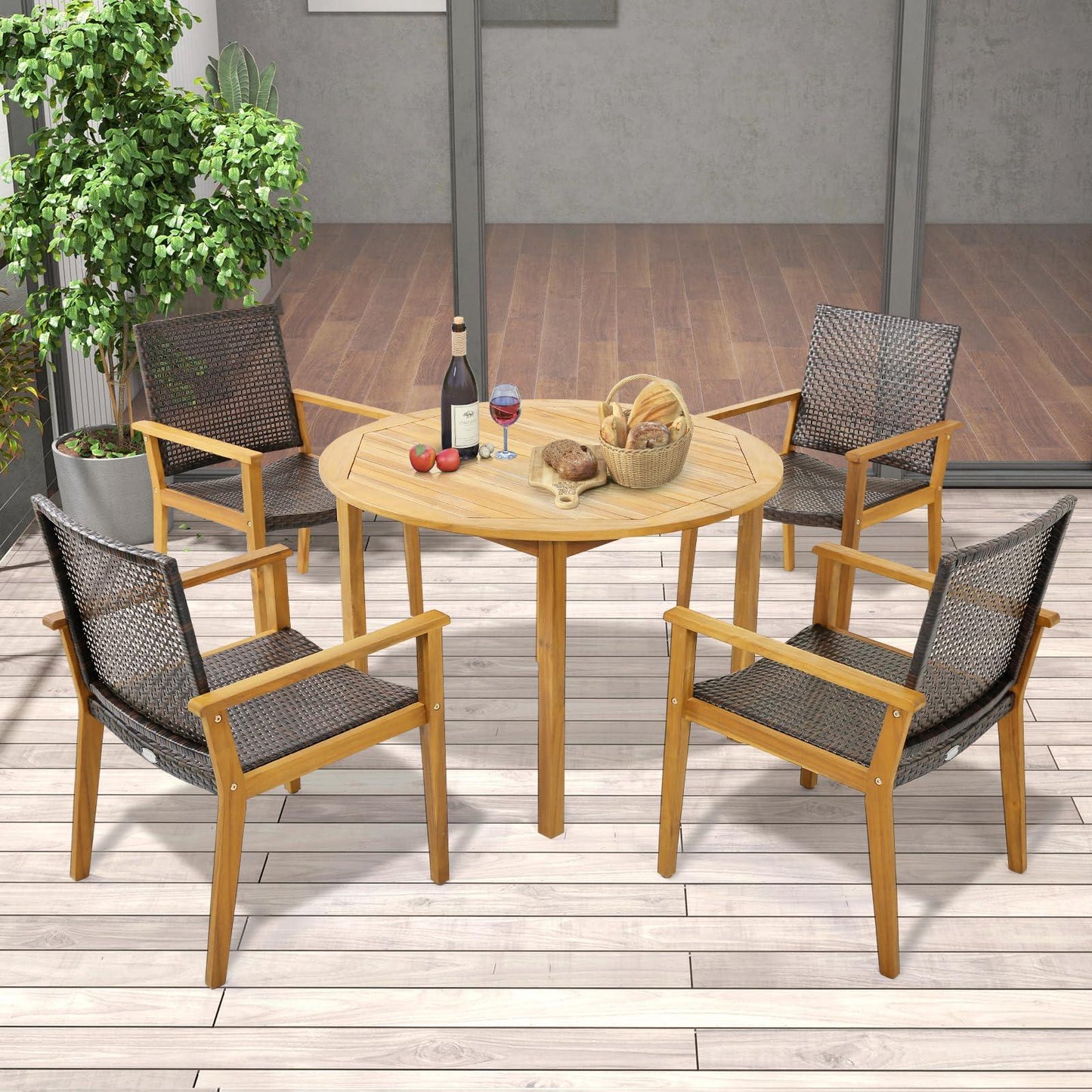 Tangkula Patio Dining Chairs Set of 4, Outdoor Acacia Wood & PE Wicker Chairs with Armrests, Outdoor Rattan Armchairs for Garden, Backyard, Poolside, Balcony (Mix Brown) - CookCave