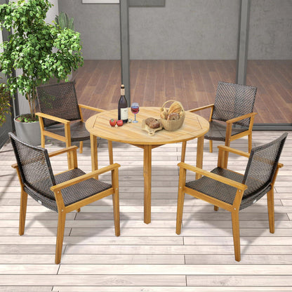 Tangkula Patio Dining Chairs Set of 4, Outdoor Acacia Wood & PE Wicker Chairs with Armrests, Outdoor Rattan Armchairs for Garden, Backyard, Poolside, Balcony (Mix Brown) - CookCave