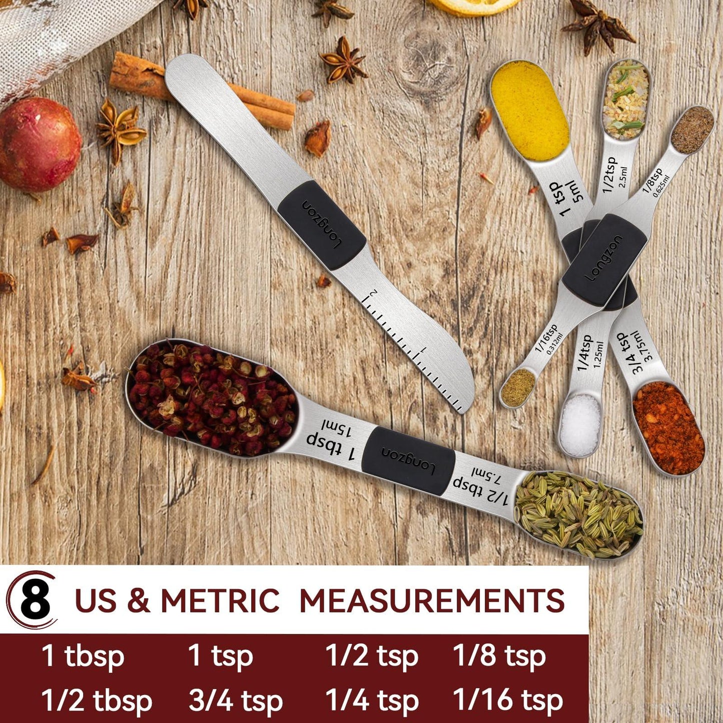 [2024 NEW] longzon 8 Full-Sized Measurements Magnetic Measuring Spoon Set with Leveler - Durable Engraved Markings, Magnetic Absorbent, Stackable Stainless Steel - Suitable for Most Spice Jars - CookCave