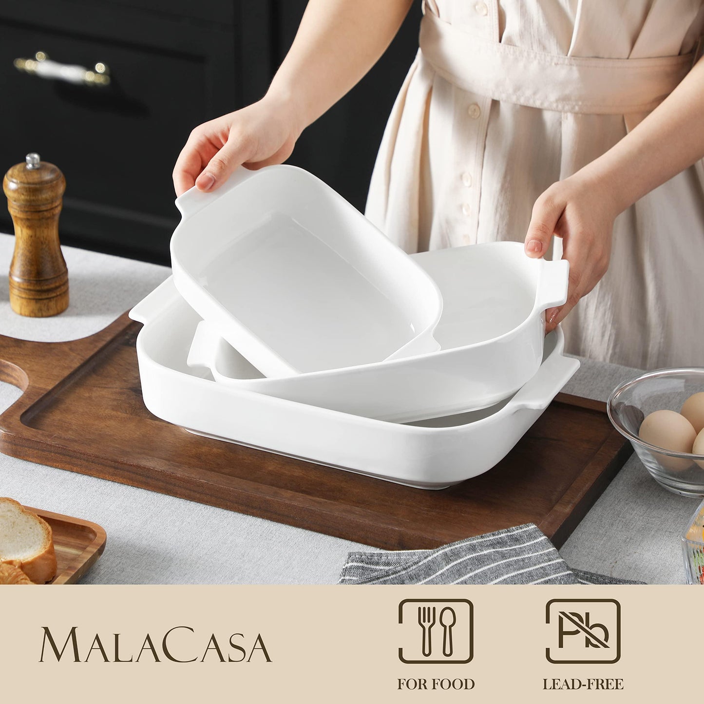MALACASA Casserole Dishes for Oven, Ceramic Baking Dishes Set of 3, White Casserole Dish Set Lasagna Pan Deep, Baking Dish for Casserole, Bakeware Set with Handles (13.8''/11.7''/9.4''), Series BAKE - CookCave
