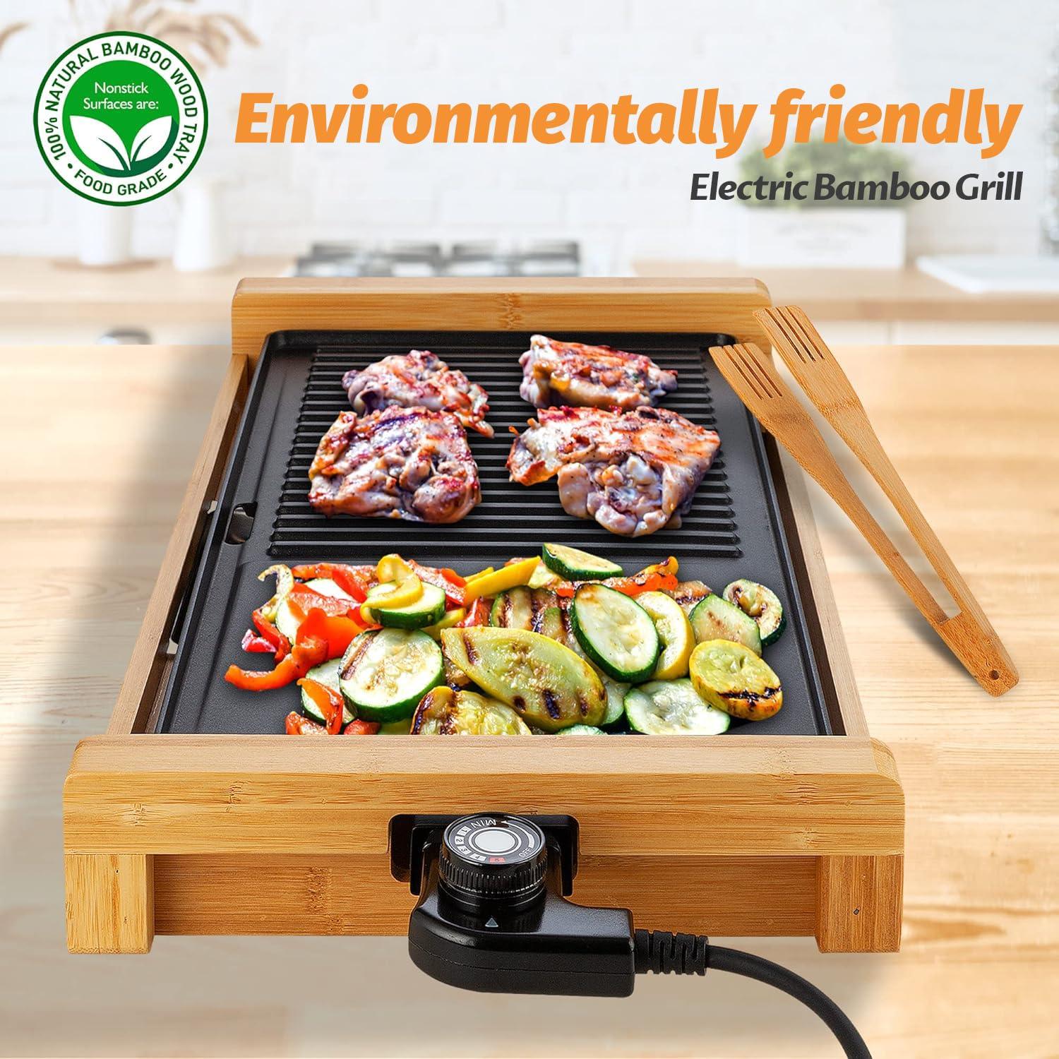 Saenchue Electric Table Grill, Korean BBQ Indoor Electric Grill Griddle, Nonstick Extra Large Plate, Smokeless Electric Contact Grill, Bamboo Base, Temperature Control, PG-08 - CookCave