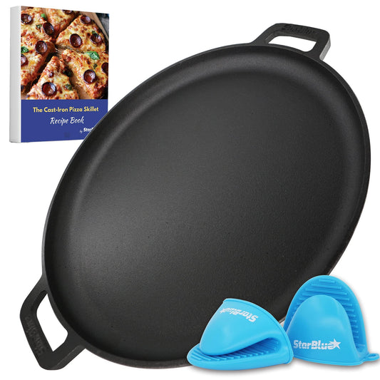 StarBlue 16 Inch Cast Iron Pizza Pan Round Griddle with FREE Silicone Handles and 30 Recipes Ebook– Pre-Seasoned Comal, Kitchen Essentials for Lovers, Baking, Grill, BBQ, Stove Oven Safe - CookCave