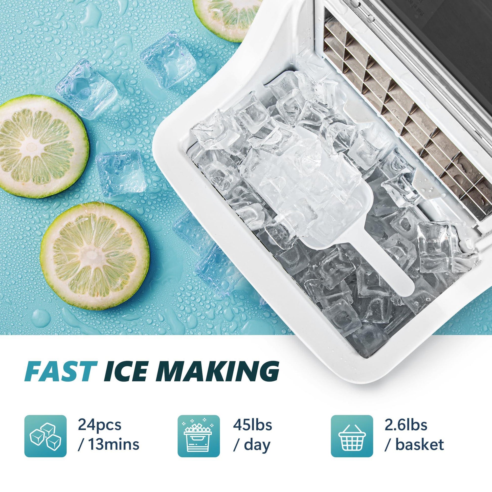 EUHOMY Ice Cube Maker Machine Countertop, 2 Ways to Add Water, 45Lbs/Day 24 Pcs Ready in 13 Mins, Self-Cleaning Portable Compact, with Ice Scoop & Basket, Perfect for Home/Kitchen/Office/Bar - CookCave