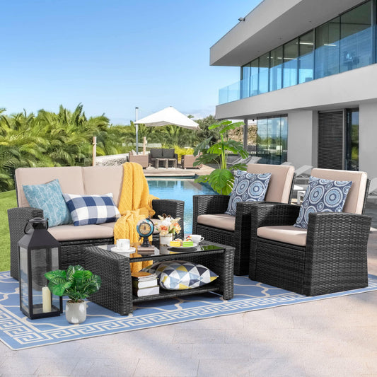 Shintenchi 4-Piece Outdoor Patio Furniture Set, Wicker Rattan Sectional Sofa Couch with Glass Coffee Table | Black - CookCave