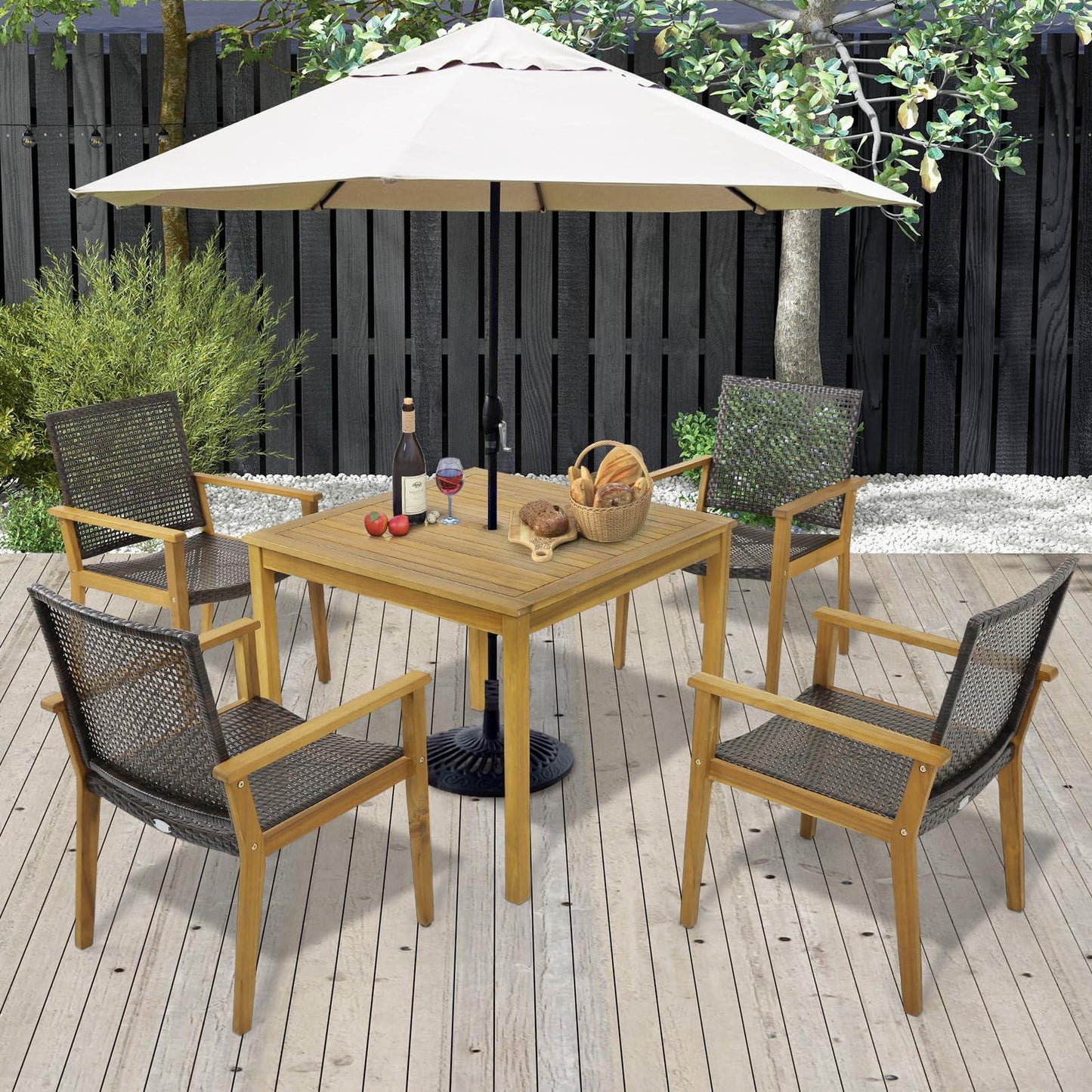 Tangkula Patio Dining Chairs Set of 4, Outdoor Acacia Wood & PE Wicker Chairs with Armrests, Outdoor Rattan Armchairs for Garden, Backyard, Poolside, Balcony (Mix Brown) - CookCave