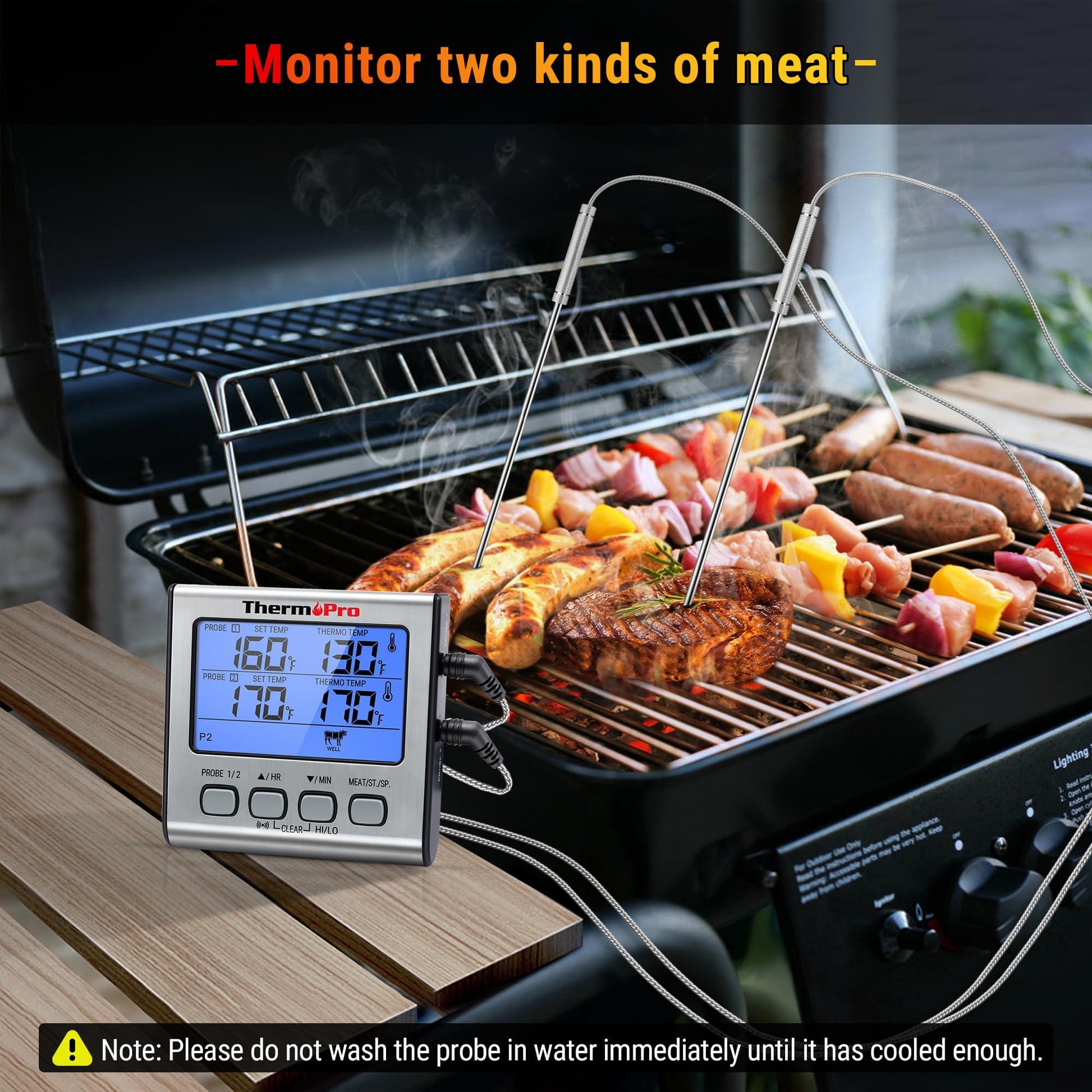 ThermoPro TP-17 Dual Probe Digital Cooking Meat Thermometer Large LCD Backlight Food Grill Thermometer with Timer Mode for Smoker Kitchen Oven BBQ, Silver - CookCave
