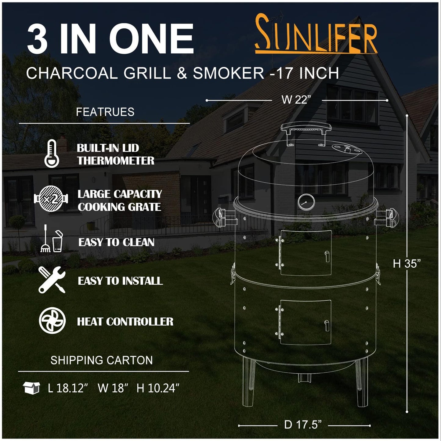 SUNLIFER Portable Charcoal BBQ Grill: Outdoor Small Charcoal Grills with Meat Smoker Combo for Backyard Patio Barbecue | Outdoor Smoking | Camping BBQ | Outside Cooking - CookCave